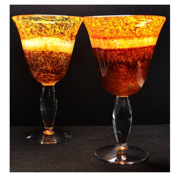 Hand Blown Art Glass Goblets Fiery Molten Orange Red Stemware Vintage Barware - Picture 2 of 5